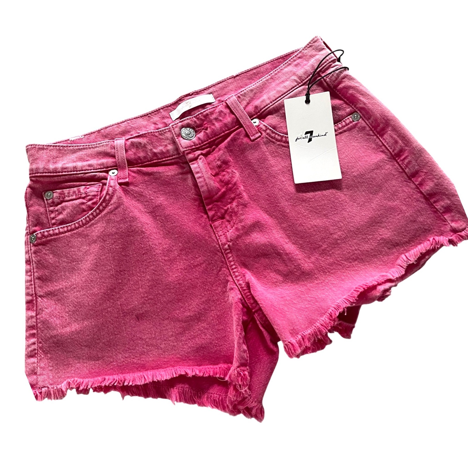 7 For All Mankind Denim Shorts Womens 26 Red Pink Barbiecore Raw Hem Cut Offs